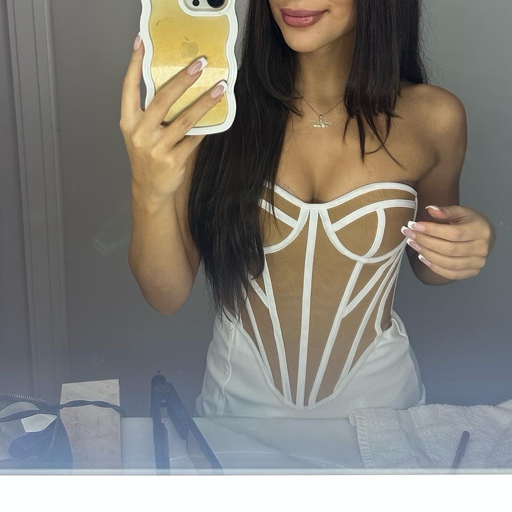 White and Tan Strapless Corset Top